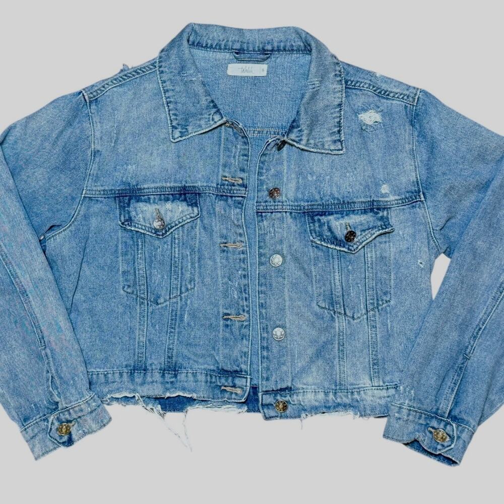 Cropped Denim Jacket Distressed 100% Cotton Light Wash Talulah Small Boho Y2K